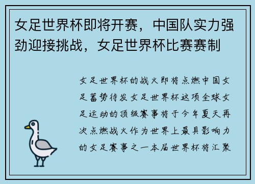 女足世界杯即将开赛,中国队实力强劲迎接挑战,女足世界杯比赛赛制