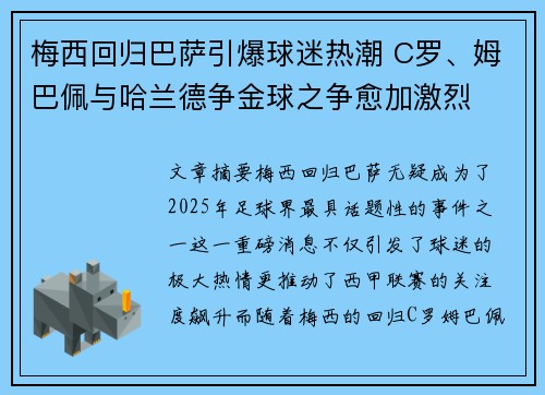 梅西回归巴萨引爆球迷热潮 C罗、姆巴佩与哈兰德争金球之争愈加激烈